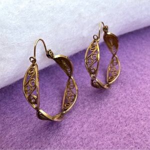 Vintage 14k Gold “Carla” Filigree Hoop Earrings. Hinged Closing and Very Unique.